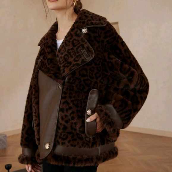 Modichic Collared Retro Random Leopard Fluffy Leather Patchwork Loose Fit Jacket - Picture 5 of 6
